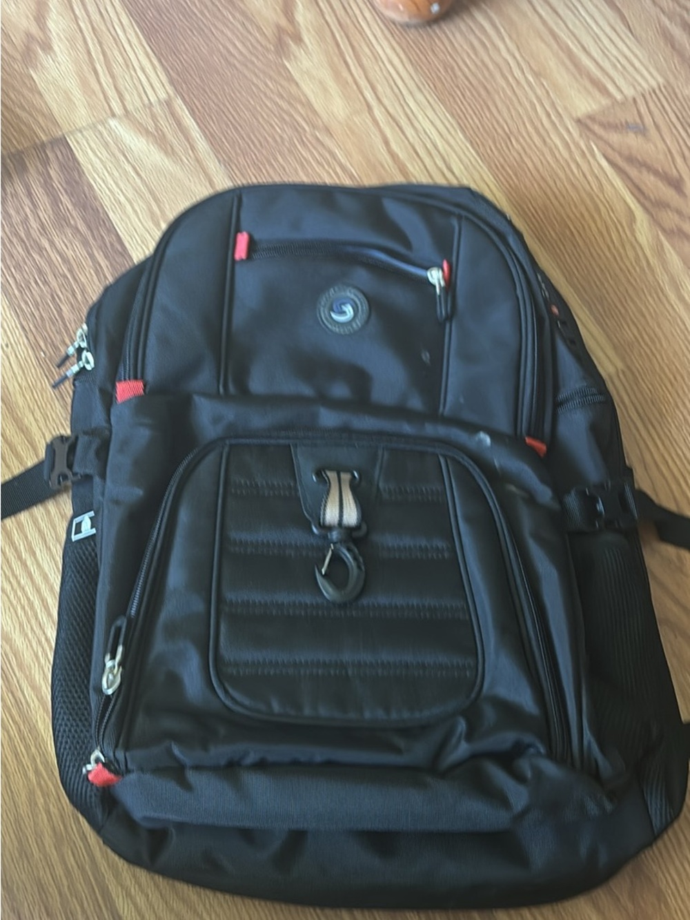 Black Travel Backpack with Red Accents